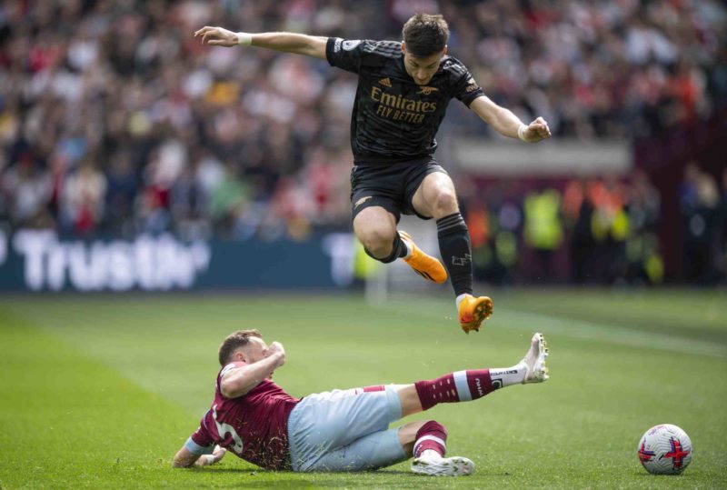 Kieran Tierney Arsenal exit - LONDON, ENGLAND - APRIL 16: Vladimir Coufal of West Ham United tackles Kieran Tierney of Arsenal during the Premier League match between West Ham United and Arsenal FC at London Stadium on April 16, 2023 in London, England. (Photo by Justin Setterfield/Getty Images)
