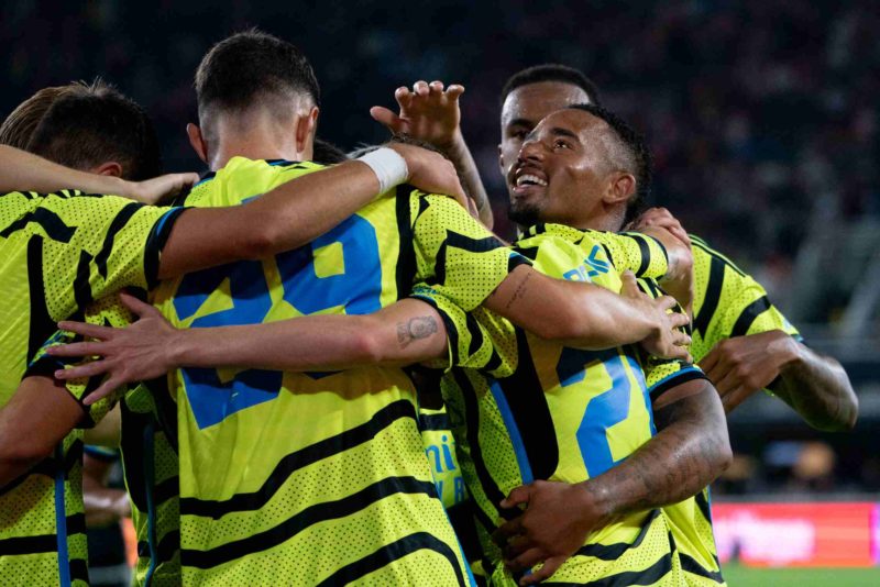 Arsenal's players celebrate their third goal during a friendly football match between the Major League Soccer (MLS) All-Star team and Arsenal FC, at Audi Field in Washington, DC, on July 19, 2023. (Photo by Stefani Reynolds / AFP) (Photo by STEFANI REYNOLDS/AFP via Getty Images)