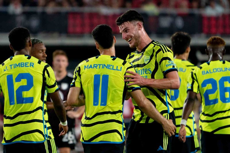 Rooney hits out at Apple after Arsenal's MLS 5-star show 3 Arsenal's Declan Rice celebrates with teammate Gabriel Martinelli after Martinelli scored a goal during a friendly football match between the Major League Soccer (MLS) All-Star team and Arsenal FC, at Audi Field in Washington, DC, on July 19, 2023. (Photo by STEFANI REYNOLDS/AFP via Getty Images)