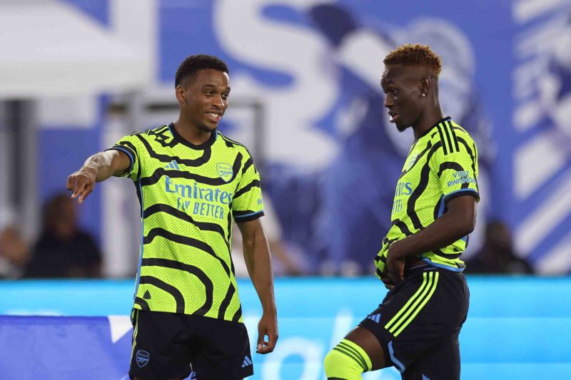 Arteta's strategy to unleash Havertz's full potential at Arsenal 5 WASHINGTON, DC - JULY 18: Jurriën Timber #12 and Folarin Balogun #26 of Arsenal FC speak during the MLS All-Star Skills Challenge between Arsenal FC and MLS All-Stars at Audi Field on July 18, 2023 in Washington, DC. (Photo by Tim Nwachukwu/Getty Images)