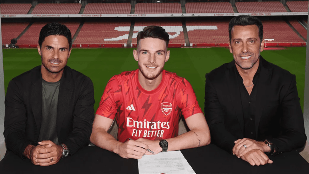 Arsenal director & former Gunner win awards at Golden Boy 2023 4 Declan Rice signing for Arsenal alongside Mikel Arteta and Edu Gaspar (Photo via Arsenal.com)