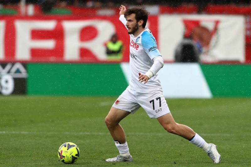 MONZA, ITALY - MAY 14: Khvicha Kvaratskhelia of SSC Napoli runs with the ball during the Serie A match between AC Monza and SSC Napoli at Stadio Brianteo on May 14, 2023 in Monza, Italy. (Photo by Marco Luzzani/Getty Images)