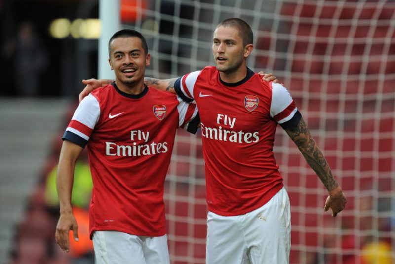LONDON, ENGLAND - JULY 14: Henri Lansbury of Arsenal celebrates his goal with Nico Yannaris during the Markus Liebherr Memorial Cup match between Arsenal and Anderlecht at St Mary's Stadium on July 14, 2012 in Southampton, England. (Photo by Steve Bardens/Getty Images)