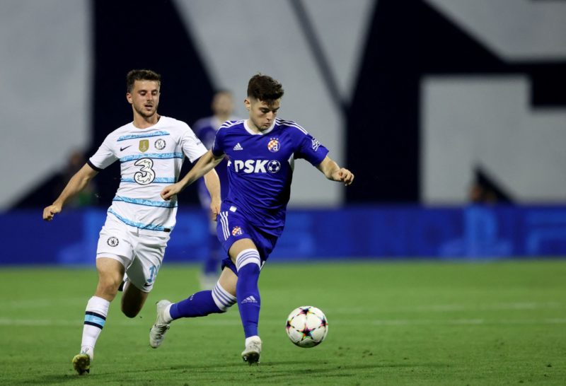 Chelsea's US forward Christian Pulisic (L) fights for the ball with Dinamo Zagreb's Croatian midfielder Martin Baturina during the UEFA Champions League Group E football match between Dinamo Zagreb (CRO) and Chelsea (ENG) at The Maksimir Stadium in Zagreb on September 6, 2022. (Photo by DAMIR SENCAR/AFP via Getty Images)