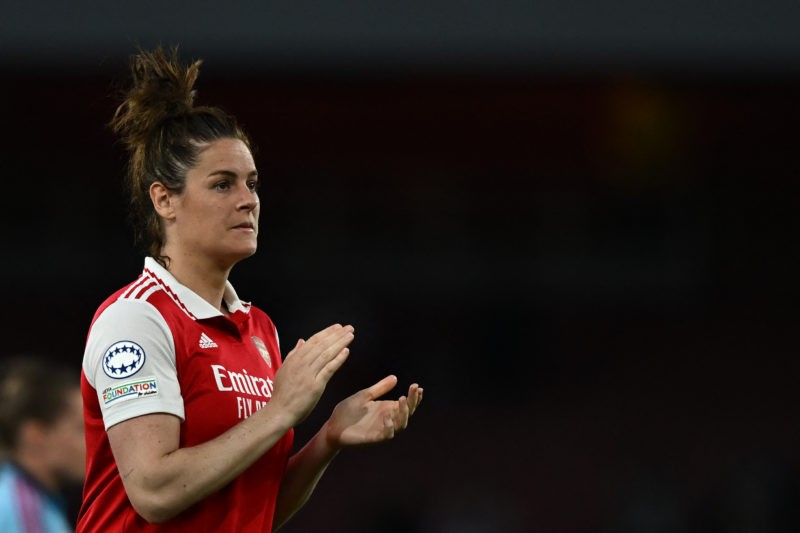 Arsenal's Scottish defender Jennifer Beattie reacts at the end of the UEFA Women's Champions League semi-final second-leg match between Arsenal and...