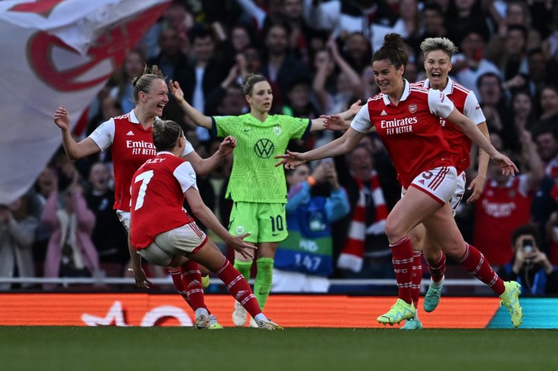 Arsenal's Scottish defender Jennifer Beattie celebrates after her team second goal during the UEFA Women's Champions League semi-final second-leg m...