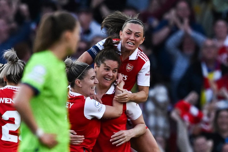 Arsenal's Scottish defender Jennifer Beattie celebrates after her team second goal during the UEFA Women's Champions League semi-final second-leg m...