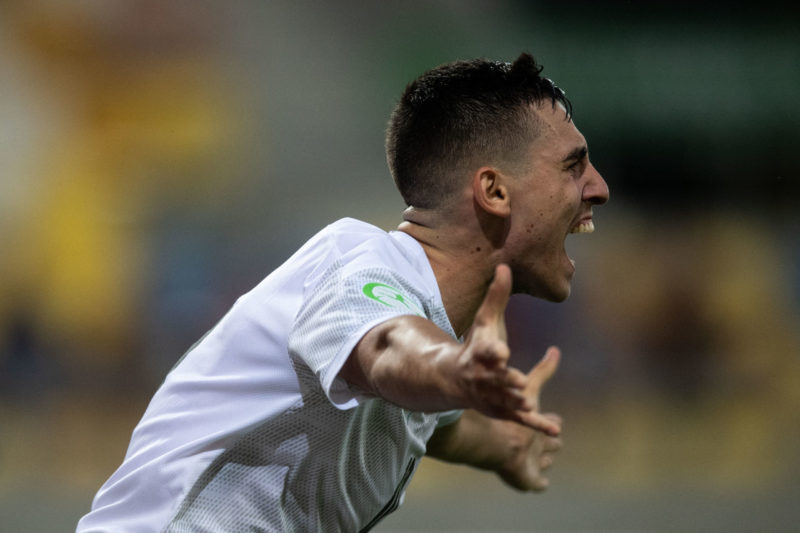 Israel's midfielder Oscar Gloukh celebrates scoring during the UEFA Under-19 European Championship semi-final football match between France and Isr...
