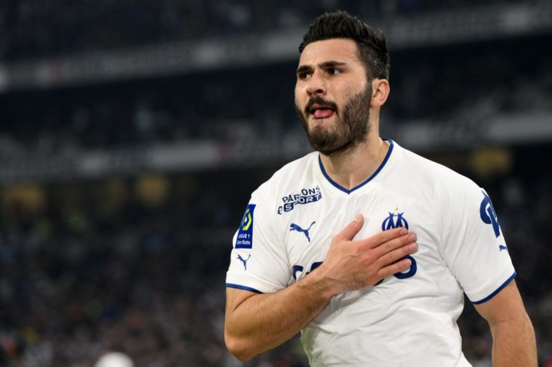 Marseille's Bosnian defender Sead Kolasinac celebrates scoring his team's first goal during the French L1 football match between Olympique Marseill...