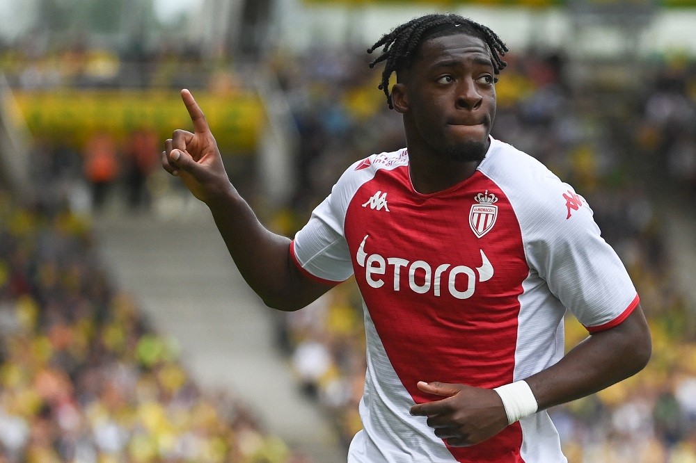 Monaco's French defender Axel Disasi celebrates scoring a goal during the French L1 football match between FC Nantes and AS Monaco FC at the Stade ...