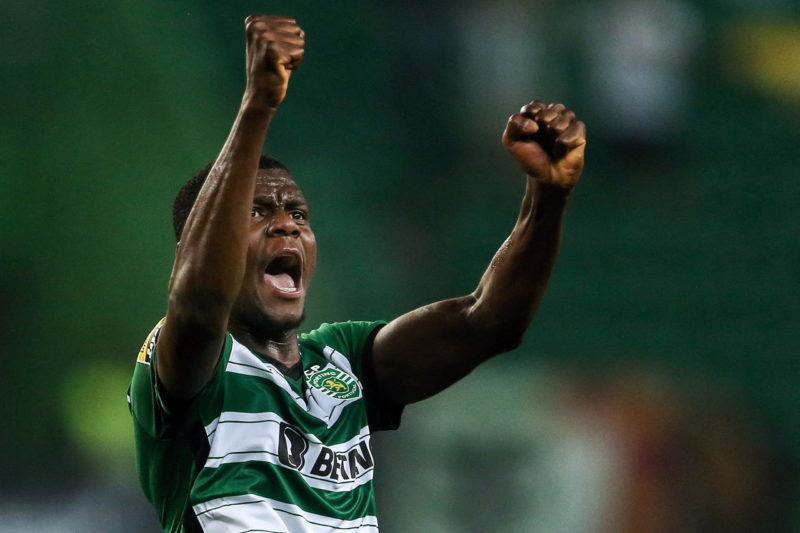 Sporting's Ivorian defender Ousmane Diomande celebrates scoring his team's second goal during the Portuguese league football match between Sporting CP and SL Benfica at the Jose Alvalade stadium in Lisbon on May 21, 2023. (Photo by CARLOS COSTA / AFP) (Photo by CARLOS COSTA/AFP via Getty Images)