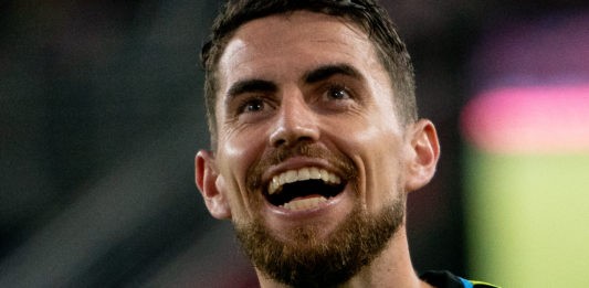 Arsenal's midfielder Jorginho celebrates his penalty kick during a friendly football match between the Major League Soccer (MLS) All-Star team and Arsenal FC, at Audi Field in Washington, DC, on July 19, 2023. (Photo by Stefani Reynolds / AFP) (Photo by STEFANI REYNOLDS/AFP via Getty Images)