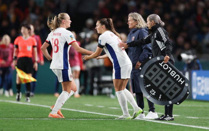 Arsenal's Frida Maanum leaves her mark in Women's World Cup opene 3 AUCKLAND, NEW ZEALAND - JULY 20: Frida Maanum (L) of Norway is replaced by Vilde Boe Risa (R) during the FIFA Women's World Cup Australia & New Zealand 2023 Group A match between New Zealand and Norway at Eden Park on July 20, 2023 in Auckland, New Zealand. (Photo by Phil Walter/Getty Images)