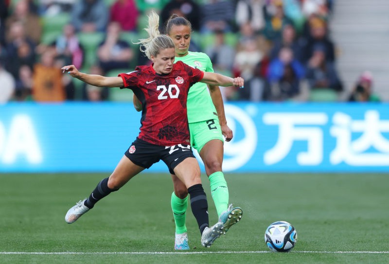MELBOURNE, AUSTRALIA - JULY 21: Cloe Lacasse of Canada controls the ball ahead of during the FIFA Women's World Cup Australia & New Zealand 2023 Group B match between Nigeria and Canada at Melbourne Rectangular Stadium on July 21, 2023 in Melbourne, Australia. (Photo by Robert Cianflone/Getty Images)