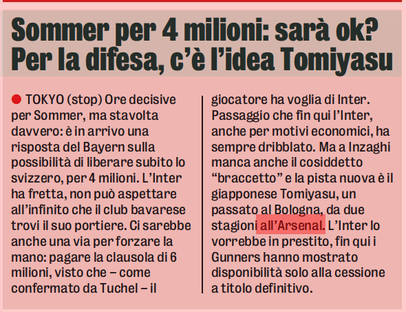 Arsenal's willing to sell Tomiyasu 4 Gazetta dello sport article in Italian