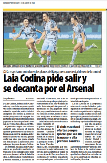 Barcelona 23yo asks to leave to join Arsenal 2 Laia Codina asks to leave and opts for Arsenal → Her departure was not part of Barça's plans - Mundo Deportivo 15 August 2023