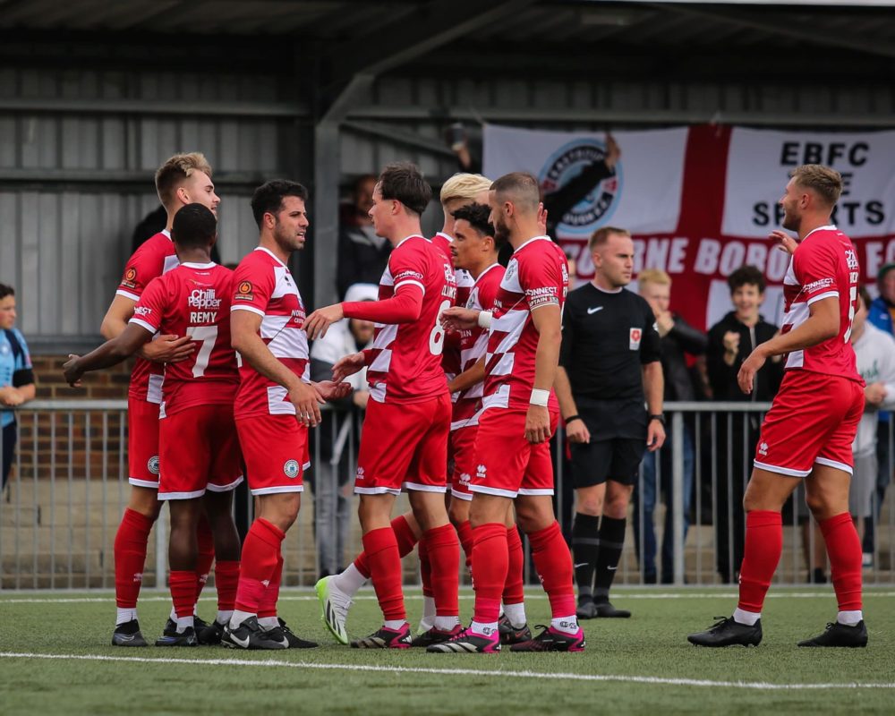 Billy Vigar celebrating his goal with Eastbourne Borough (Photo via EBFC.co.uk)