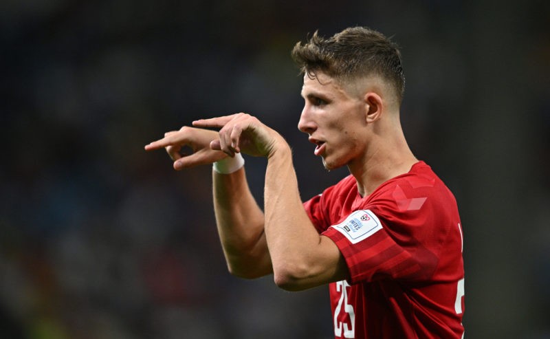 AL WAKRAH, QATAR - NOVEMBER 30:  Jesper Lindstrom of Denmark gestures during the FIFA World Cup Qatar 2022 Group D match between Australia and Denmark at Al Janoub Stadium on November 30, 2022 in Al Wakrah, Qatar. (Photo by Stuart Franklin/Getty Images)