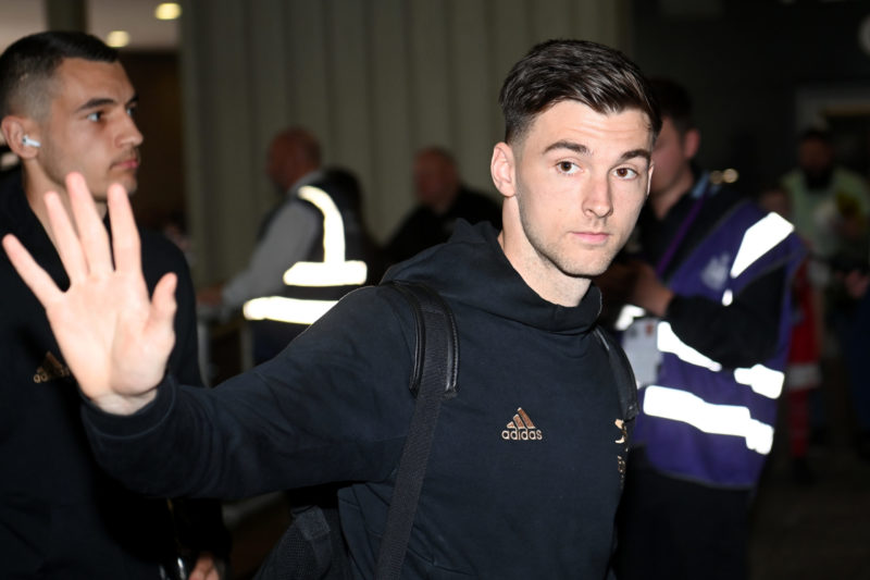 Kieran Tierney of Arsenal arrives at the stadium prior to the Premier League match between Newcastle United and Arsenal FC at St. James Park on May...