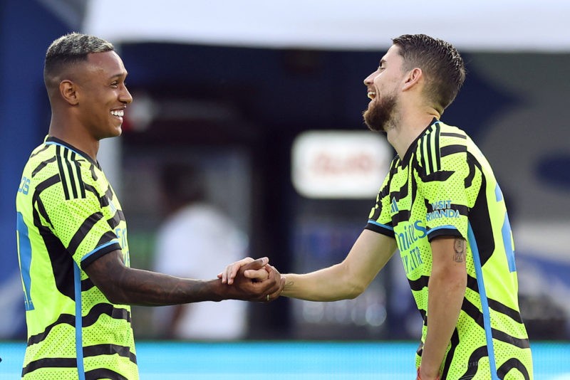 WASHINGTON, DC - JULY 18: Marquinhos #27 and Jorginho #20 of Arsenal FC speak during the MLS All-Star Skills Challenge between Arsenal FC and MLS All-Stars at Audi Field on July 18, 2023 in Washington, DC. (Photo by Tim Nwachukwu/Getty Images)