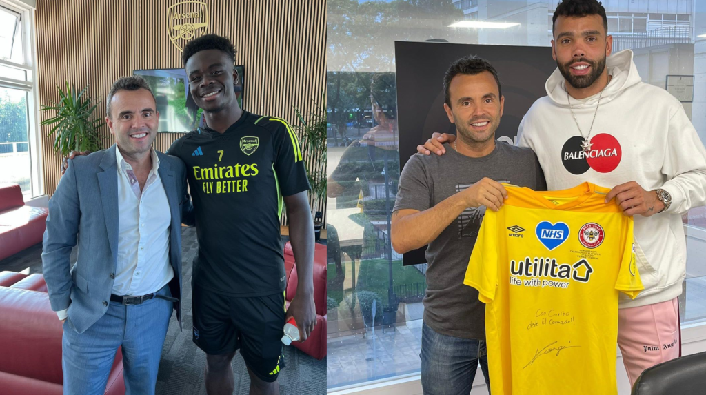 On the left, a member of David Raya's entourage meets Bukayo Saka. On the right, he poses with David Raya