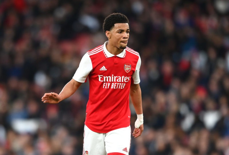 LONDON, ENGLAND - APRIL 04: Ethan Nwaneri of Arsenal during the FA Youth Cup Semi-Final match between Arsenal U18 and Manchester City U18 at Emirat...