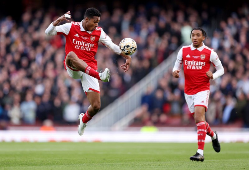 Arsenal youngster to replace Jurrien Timber 2 LONDON, ENGLAND - APRIL 25: Reuell Walters of Arsenal controls the ball during the FA Youth Cup Final match between Arsenal U18 and West Ham United U18 at Emirates Stadium on April 25, 2023 in London, England. (Photo by Richard Heathcote/Getty Images)