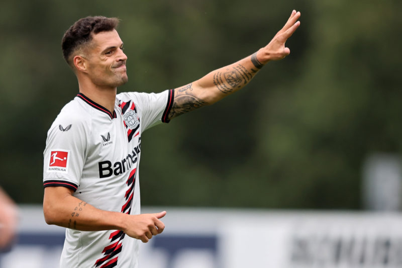 Former Arsenal youngster's value rockets, could join Granit Xhaka at Leverkusen 3 VELBERT, GERMANY - JULY 21: Granit Xhaka of Leverkusen looks on during the pre-season friendly match between Bayer 04 Leverkusen and SC Paderborn at IMS Arena on July 21, 2023 in Velbert, Germany. (Photo by Christof Koepsel/Getty Images)