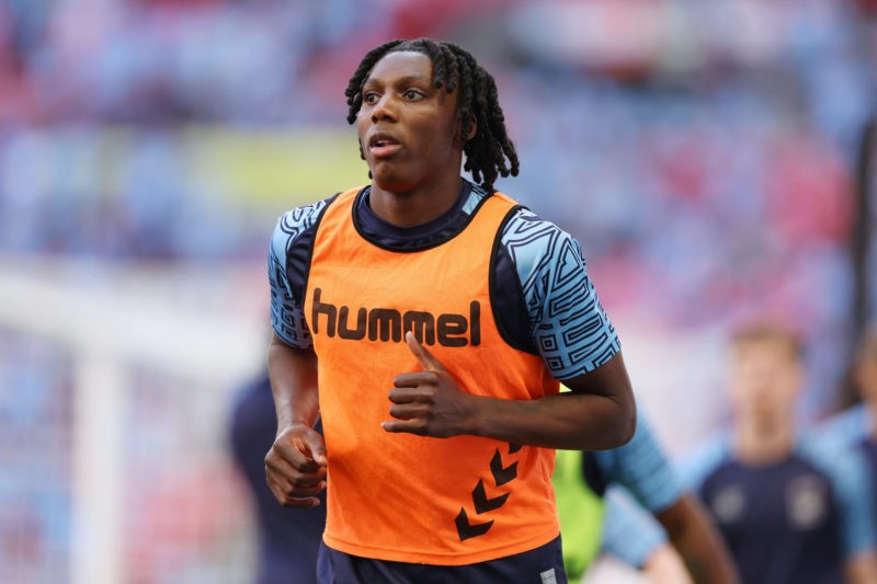 LONDON, ENGLAND - MAY 27: Brooke Norton-Cuffy of Coventry City warms up prior to the Sky Bet Championship Play-Off Final between Coventry City and ...