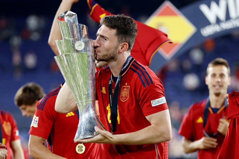 Manchester City snub Arsenal to complete £23.5m move 2 ROTTERDAM, NETHERLANDS: Aymeric Laporte of Spain kisses the UEFA Nations League trophy after the team's victory in the UEFA Nations League 2022/23 final match between Croatia and Spain at De Kuip on June 18, 2023. (Photo by Lars Baron/Getty Images)