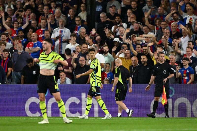 Arsenal stand firm amid Gabriel Real Madrid speculation 3 LONDON, ENGLAND - AUGUST 21: Takehiro Tomiyasu of Arsenal walks off the pitch after being sent off for a second yellow card during the Premier League match between Crystal Palace and Arsenal FC at Selhurst Park on August 21, 2023 in London, England. (Photo by Mike Hewitt/Getty Images)