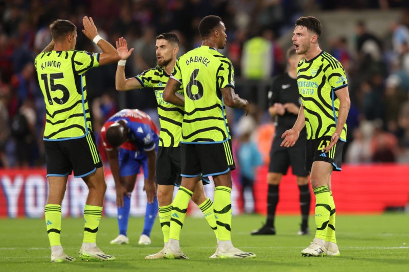 LONDON, ENGLAND - AUGUST 21: Declan Rice of Arsenal celebrates with teammate Gabriel after their team's victory in the Premier League match between Crystal Palace and Arsenal FC at Selhurst Park on August 21, 2023 in London, England. (Photo by Julian Finney/Getty Images)