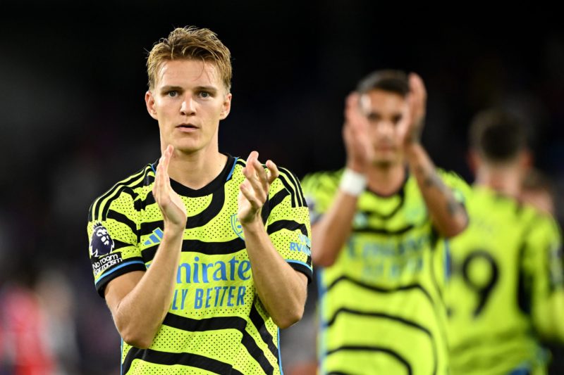 LONDON, ENGLAND - AUGUST 21: Martin Odegaard of Arsenal applauds the fans after the Premier League match between Crystal Palace and Arsenal FC at S...