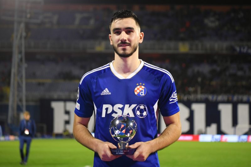ZAGREB, CROATIA - OCTOBER 11: Josip Sutalo of Dinamo Zagreb poses for a photograph with the UEFA Player of the Match after the final whistle of the...