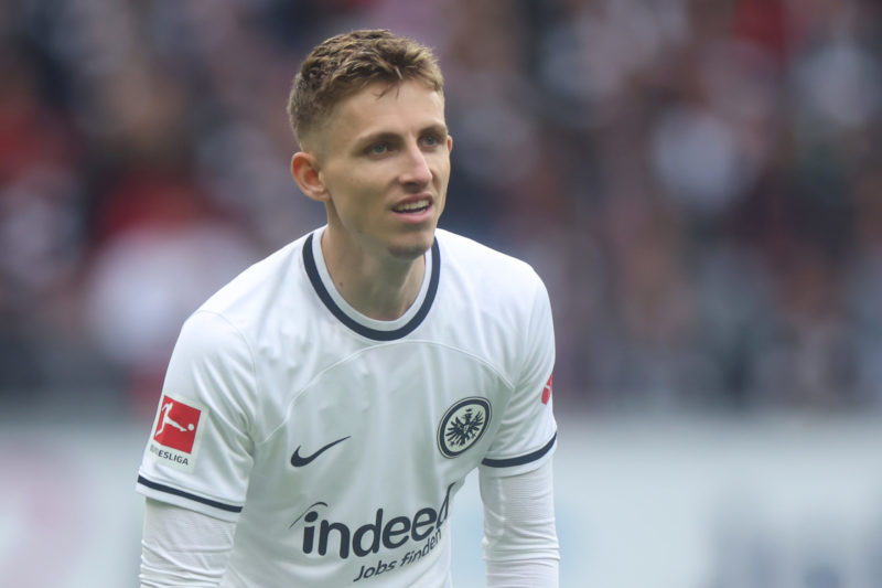 FRANKFURT AM MAIN, GERMANY - APRIL 29: Jesper Lindstrom of Eintracht Frankfurt reacts during the Bundesliga match between Eintracht Frankfurt and F...