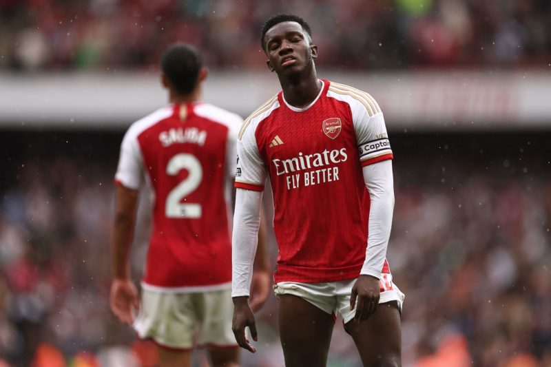 Arsenal's English striker #14 Eddie Nketiah reacts at the end of the English Premier League football match between Arsenal and Fulham at the Emirat...