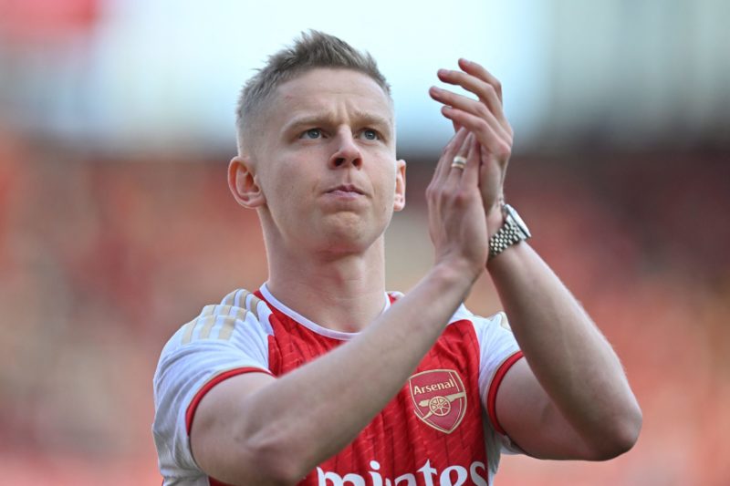Arsenal's Ukrainian defender Oleksandr Zinchenko acknowledges supporters at the end of the English Premier League football match between Arsenal an...