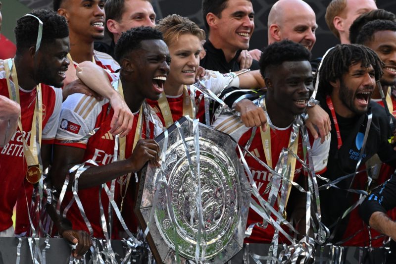 Arsenal players celebrate winning the English FA Community Shield football match between Arsenal and Manchester City at Wembley Stadium, in London, August 6, 2023. Arsenal won after a 4-1 penalty shoot-out win, following the 1-1 draw in 90 minutes. (Photo by JUSTIN TALLIS/AFP via Getty Images)