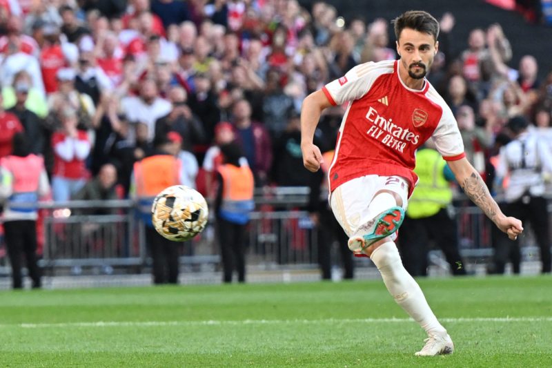 Arsenal's Portuguese midfielder Fabio Vieira scores the final penalty in the shoot-out during the English FA Community Shield football match between Arsenal and Manchester City at Wembley Stadium, in London, August 6, 2023. Arsenal won after a 4-1 penalty shoot-out win, following the 1-1 draw in 90 minutes. (Photo by GLYN KIRK/AFP via Getty Images)