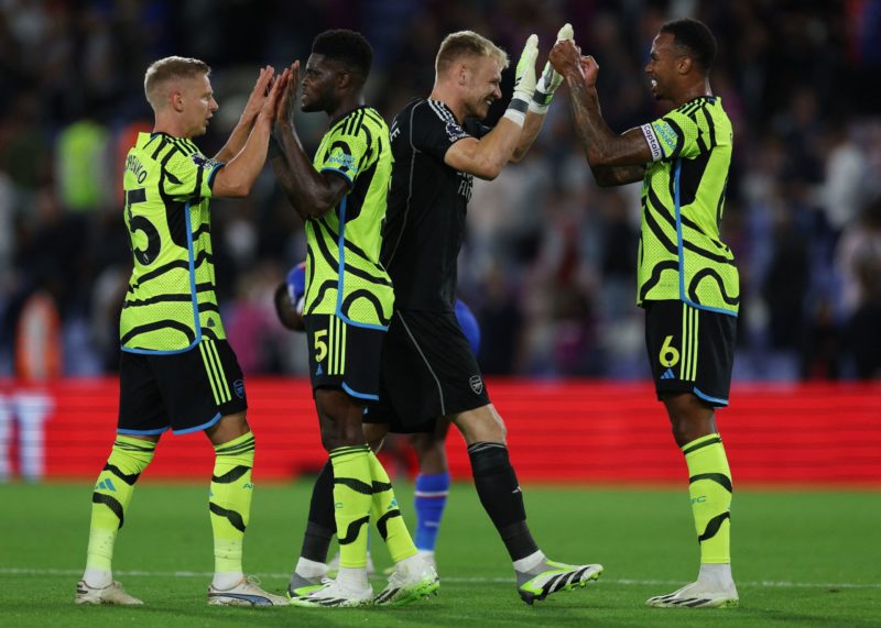Arsenal's Ukrainian defender #35 Oleksandr Zinchenko (L), Arsenal's Ghanaian midfielder #05 Thomas Partey (2L), Arsenal's English goalkeeper #01 Aa...