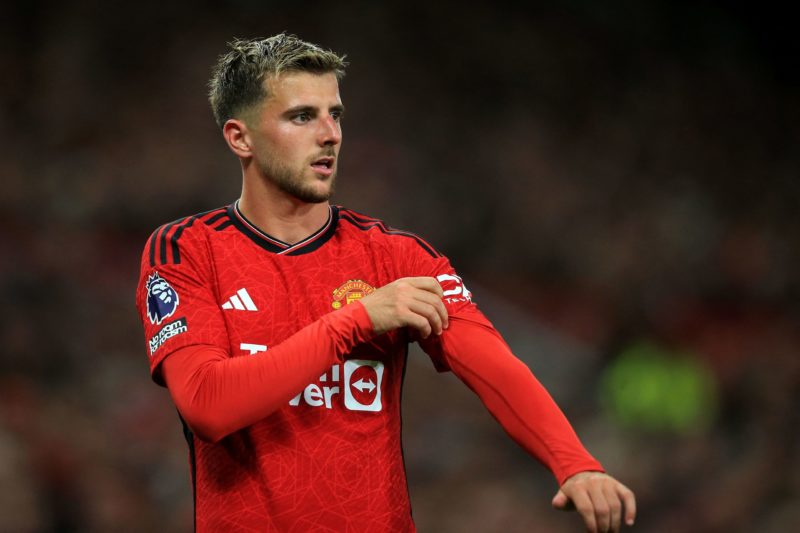 Manchester United's English midfielder #07 Mason Mount reacts during the English Premier League football match between Manchester United and Wolver...