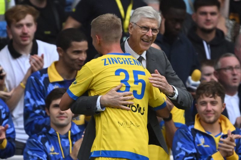 Arsenal injury news amid Gabriel Jesus boost 4 Team Yellow's captain, Ukrainian midfielder Oleksandr Zinchenko is congratulated by Team Yellow's German coach Arsene Wenger as he is substituted off during the Game4Ukraine fundraising football match between Oleksandr Zinchenko's team and Andriy Shevchenko's team at Stamford Bridge in London, on August 5, 2023. (Photo by JUSTIN TALLIS/AFP via Getty Images)