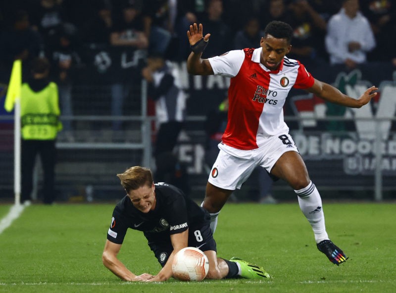 Sturm Graz's Austrian midfielder Alexander Prass (L) and Feyenoord's Dutch midfielder Quinten Timber vie for the ball during the UEFA Europa League Group F football match between Sturm Graz and Feyenoord Rotterdam in Graz, Austria on October 27, 2022. - Austria OUT Austria OUT (Photo by ERWIN SCHERIAU/APA/AFP via Getty Images)