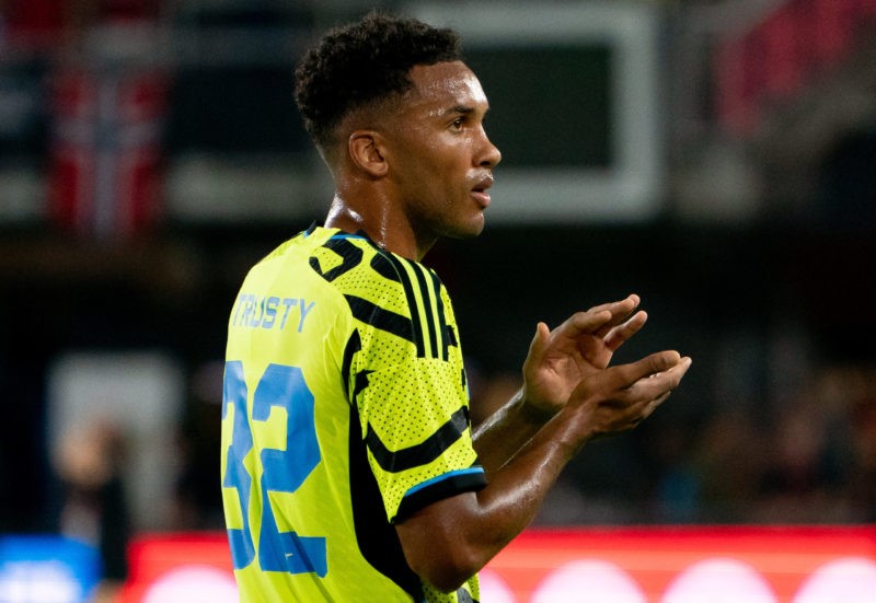 Arsenal's Auston Trusty applauds after a friendly football match between the Major League Soccer (MLS) All-Star team and Arsenal FC, at Audi Field in Washington, DC, on July 19, 2023. (Photo by STEFANI REYNOLDS/AFP via Getty Images)