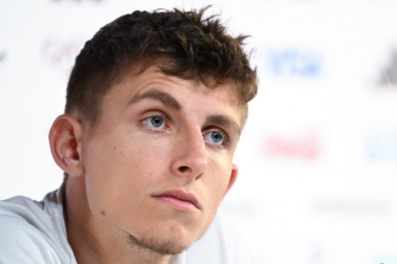 Denmark's midfielder #25 Jesper Lindstrom attends a press conference at the Qatar National Convention Center (QNCC) in Doha on November 29, 2022, on the eve of the Qatar 2022 World Cup football match between Australia and Denmark. (Photo by NATALIA KOLESNIKOVA/AFP via Getty Images)