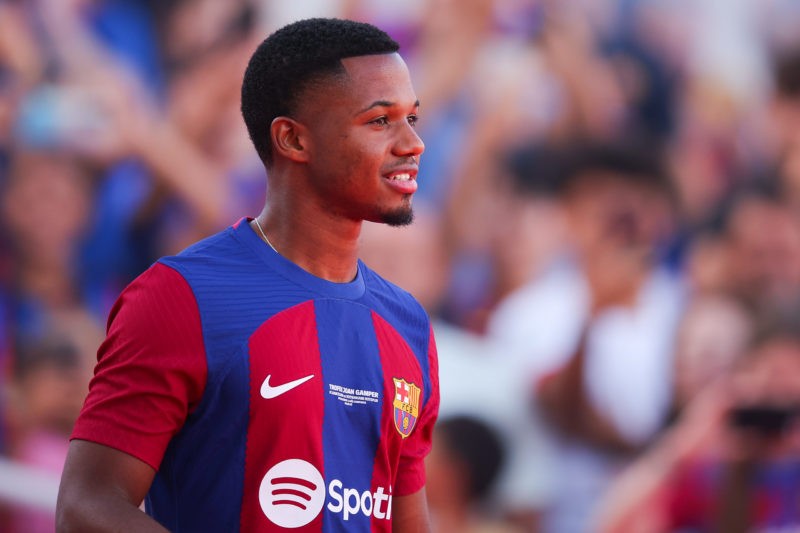 BARCELONA, SPAIN - AUGUST 08: Ansu Fati of FC Barcelona waves the supporters during the presentation prior to the Joan Gamper Trophy match between ...