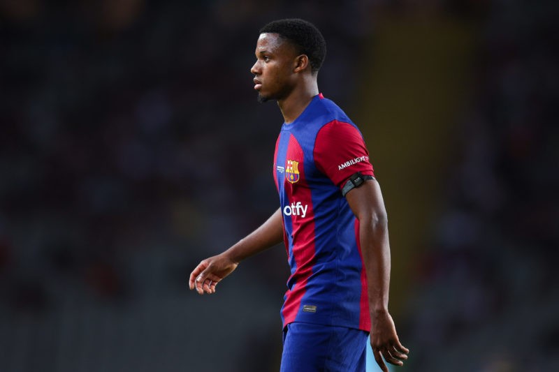 Arsenal hold talks with Barcelona star's agent 2 BARCELONA, SPAIN - AUGUST 08: Ansu Fati of FC Barcelona looks on during the Joan Gamper Trophy match between FC Barcelona and Tottenham Hotspur at Estadi Olimpic Lluis Companys on August 08, 2023 in Barcelona, Spain. (Photo by Eric Alonso/Getty Images)