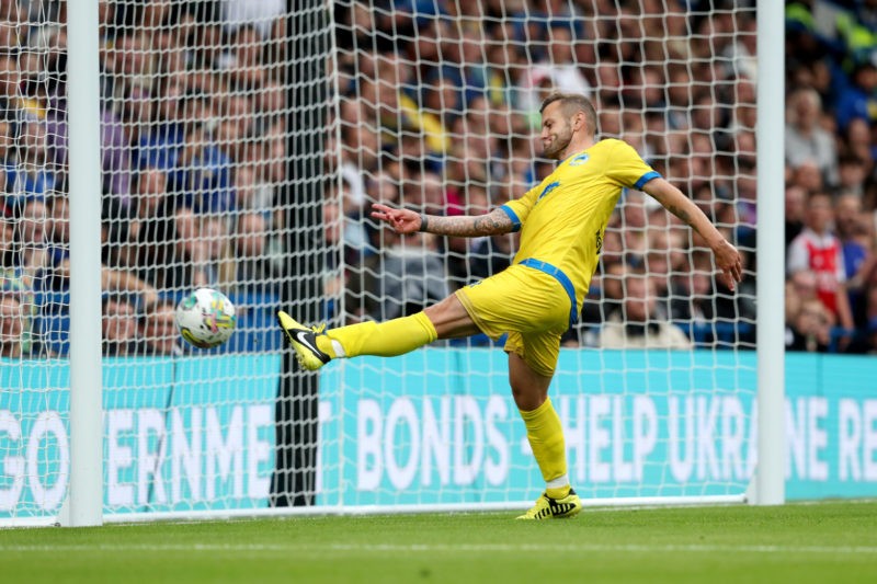 LONDON, ENGLAND - AUGUST 05: Jack Wilshere of Yellow Team scores a disallowed goal during the Game4Ukraine charity match at Stamford Bridge on August 05, 2023 in London, England. Legend Andriy Shevchenko, Arsenal player and Ukraine captain Oleksandr Zinchenko, with the support of President Zelenskyy's UNITED24 initiative, will be joined by leading players and icons from the world of TV, sport, film and music in aid of Ukraine. (Photo by Henry Browne/Getty Images)