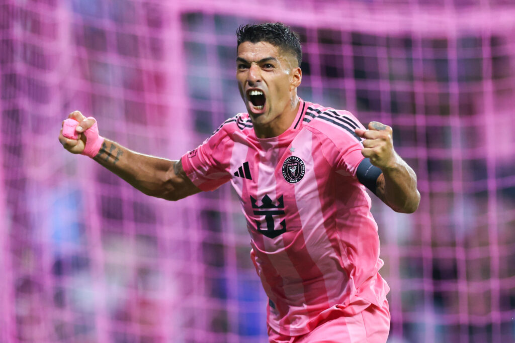 Luis Suárez #9 of Inter Miami CF celebrates his team's third goal scored by teammate Preston Plambeck #59