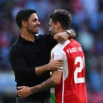 LONDON, ENGLAND - AUGUST 06: Mikel Arteta, Manager of Arsenal celebrates with Fabio Vieira following the team's victory in the penalty shoot out during The FA Community Shield match between Manchester City against Arsenal at Wembley Stadium on August 06, 2023 in London, England. (Photo by Shaun Botterill/Getty Images)